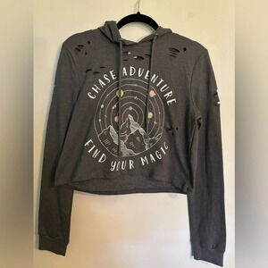 NWT Electric‎ Pink Womens Cropped Distressed Hoody Gray Sm planet mountain solar